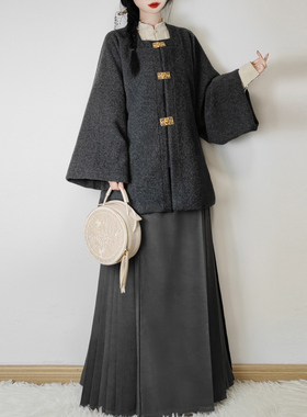 觅锦明制汉服女改良对襟开衫弓袋袖马面裙套装秋冬加厚日常百搭