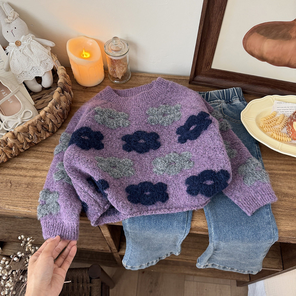 高级感女童森系立体花朵毛衣外套