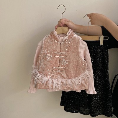 国潮高级感女童中式汉服旗袍马甲