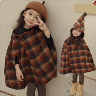 韩系女童格子斗篷外套秋冬2025新款女宝宝披肩复古尖尖帽毛呢大衣