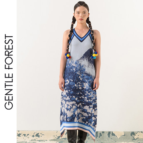 Gentle Forest【彝】山花浪漫V领不对称摆吊带针织连衣裙