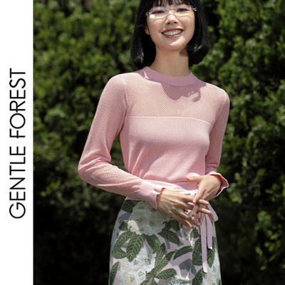 Gentle Forest【哈尼】清凉醋酸纱镂空圆领小荷叶边针织衫