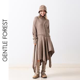 Gentle 不染 牦牛绒不对称破缝圆领无袖 针织连衣裙 Forest