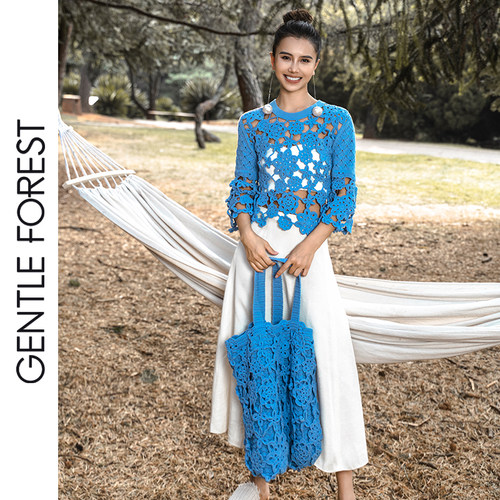 Gentle Forest【哈尼】精梳棉马缨花手艺钩花七分袖镂空针织上衣