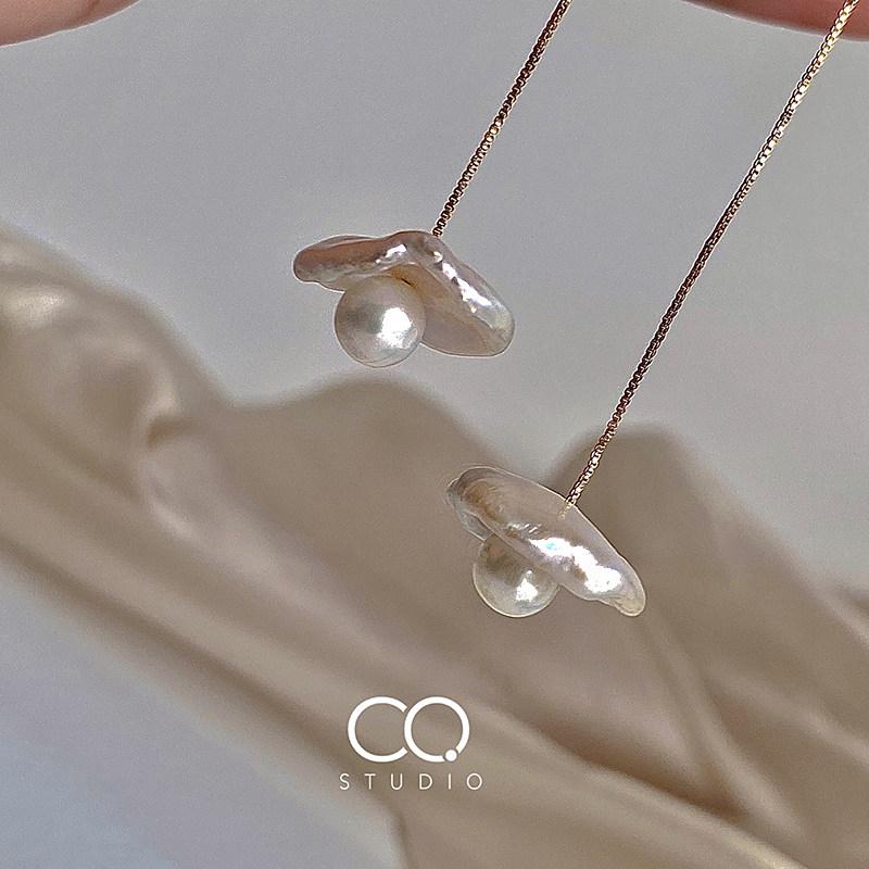 云朵泡沫·CQ原创天然巴洛克花瓣珍珠耳线小众设计感气质长款耳环