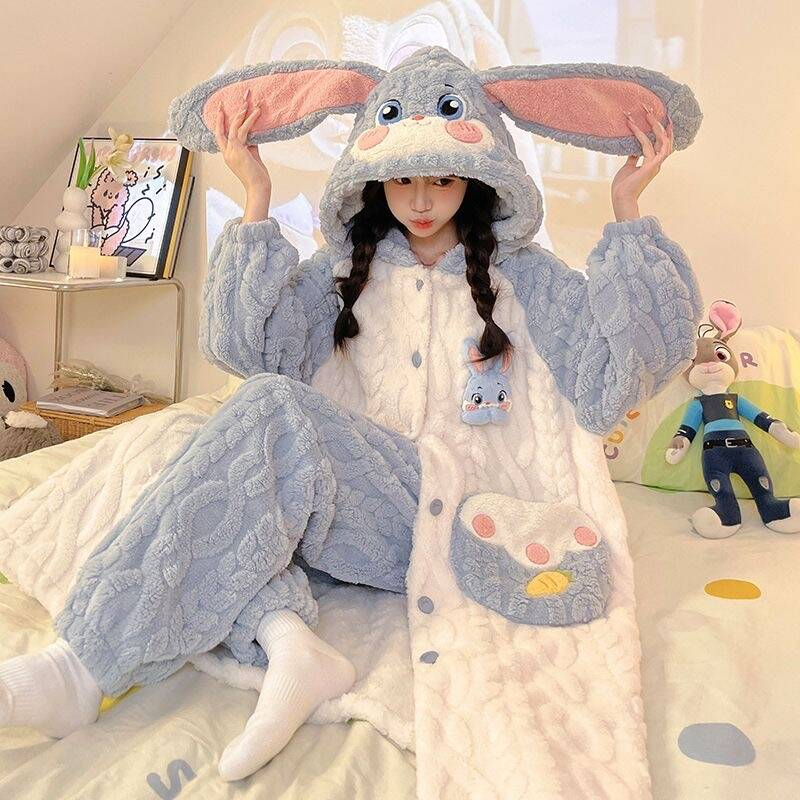 冬季珊瑚绒女士睡衣加绒加厚长款连帽睡袍法兰绒可外穿家居服套装