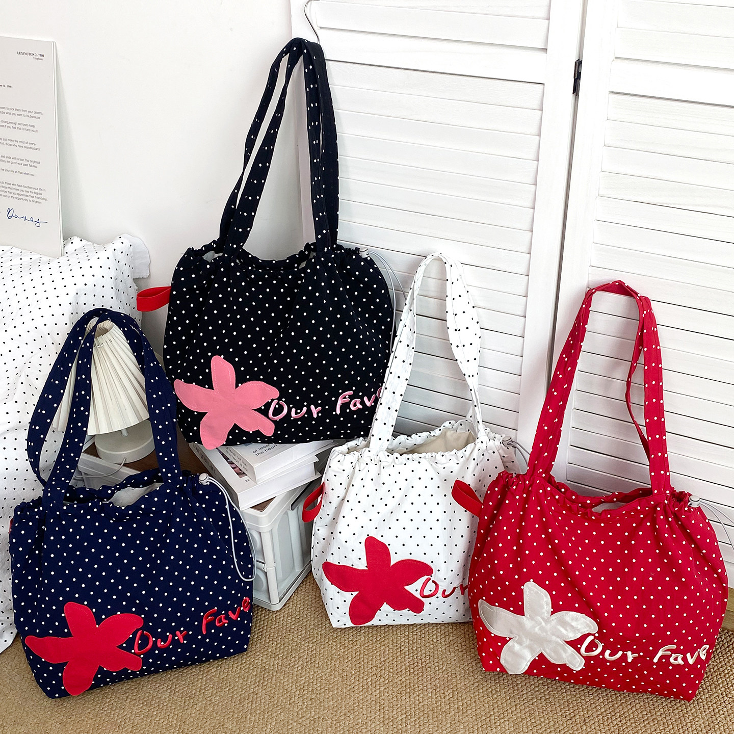 韩系波点单肩包少女心花朵刺绣束口袋轻便休闲出片百搭尼龙托特包