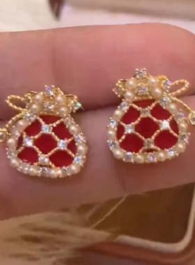 新中式爆闪红色福袋珍珠耳钉2025新款爆款高级感气质新年过年耳环