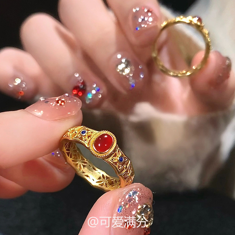 复古宫廷风红玛瑙花丝风昭戒指女