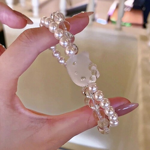 冰透磨砂仿水晶KT猫珍珠双层手链