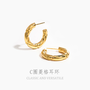 高级感耳圈独特气质精致耳饰 爆款 法式 复古金属菱格纹耳环2025新款