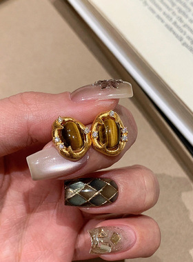 美拉德椭圆仿虎眼石闪钻金色耳钉2025新款爆款高级感轻奢独特耳环