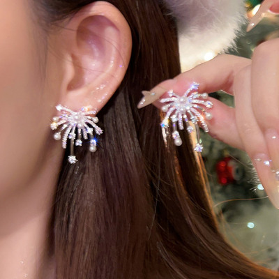 爆闪仿闪钻珍珠烟花耳环2025新款