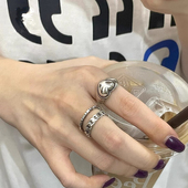 朋克风复古爱心做旧戒指小众设计个性 双层麻花锁链镂空叠戴食指戒