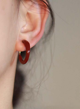 复古港风安可拉红色滴釉素圈耳环高级感轻奢小众气质秋冬耳扣耳圈