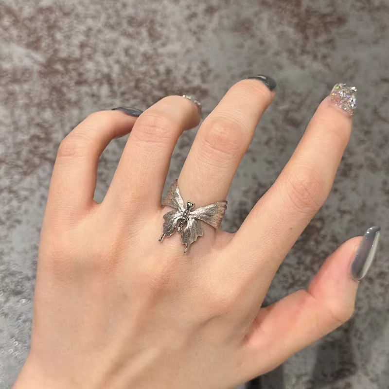 S925纯银仙气蝴蝶拉丝戒指女