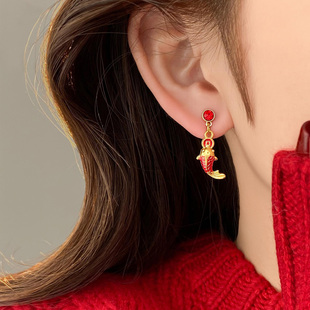 新年喜庆招财红色锦鲤耳环2025新款 高级感轻奢小众独特耳环女 爆款