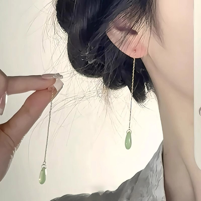 新中式绿色水滴流苏耳线小众独特