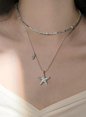 纯银碎银子珍珠海星吊坠项链女款
