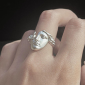 中古银色缪斯面具人戒指女小众设计精致叠戴食指戒轻奢高级感指环