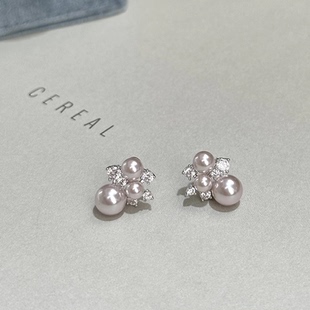 度假风玫瑰色仿珍珠锆石耳环2025新款 高级感耳钉女小众设计感 爆款