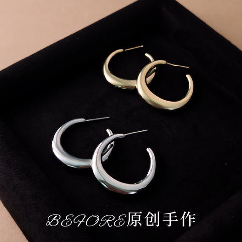欧美风亮面半圆C圈耳环女高级感