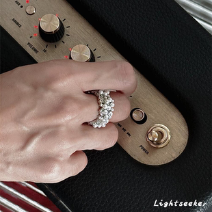 S925银复古满天星珍珠戒指女小众设计指环轻奢高级感气质食指戒