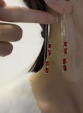 新年红色竹节流苏耳环女2025新款爆款耳线小众气质耳钉秋冬高级感