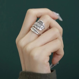 S925纯银复古国风牡丹花碧玉戒指女小众设计食指戒轻奢高级感指环