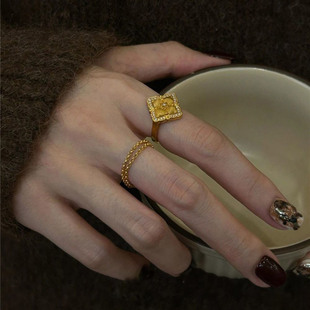 中古布契风四叶食指戒指女时尚 高级感超好看独特漂亮叠戴指环 个性