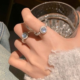 S925纯银海蓝宝珍珠戒指女小众设计轻奢高级感食指戒2025新款 爆款