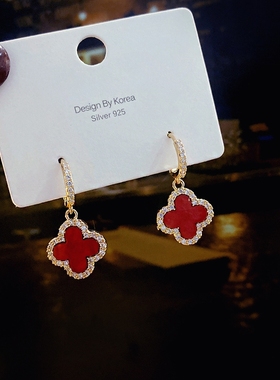S925纯银镶钻红色四叶花耳环女轻奢高级感耳钉2025年新款爆款耳坠