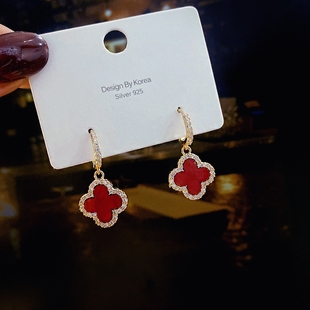 S925纯银镶钻红色四叶花耳环女轻奢高级感耳钉2025年新款 耳坠 爆款