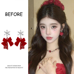 新年红色丝绒蝴蝶结雪花耳环2025新款 高级感轻奢小众秋冬耳钉 爆款