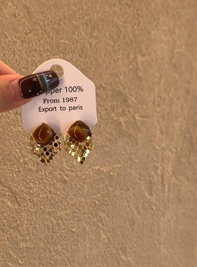 复古棕色几何菱形亮片耳钉2025新款爆款高级感小众独特秋冬耳环女