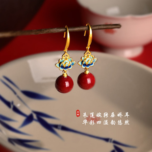 耳饰 爆款 新中式 珐琅莲花朱砂耳环气质国风复古耳钉耳坠女2025新款
