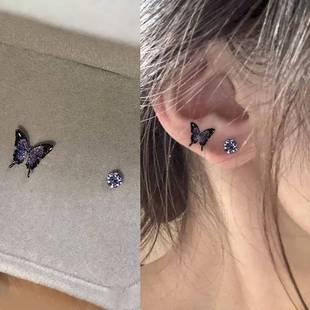 蓝色蝴蝶仿锆石耳钉2025新款 高级感轻奢小众设计独特漂亮耳环 爆款