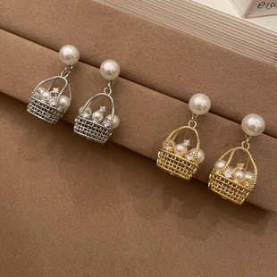 S925银针花篮珍珠流苏耳环2025新款 高级感轻奢小众独特漂亮耳钉女