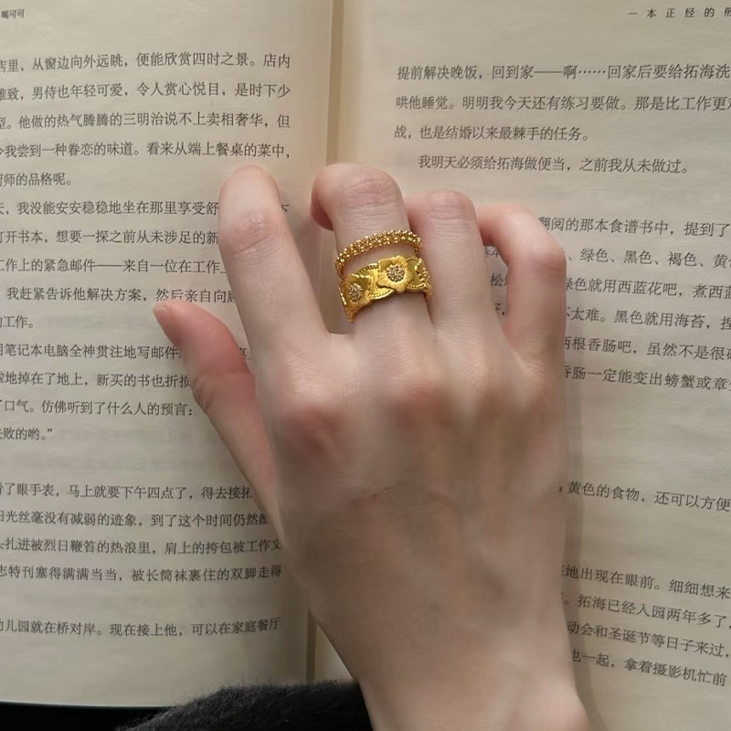 中古金色拉丝花朵戒指女轻奢高级感指环双层链条食指戒2025年新款