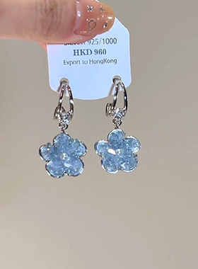 S925纯银清冷感蓝色花朵耳环2025新款爆款高级感轻奢小众精致耳钉