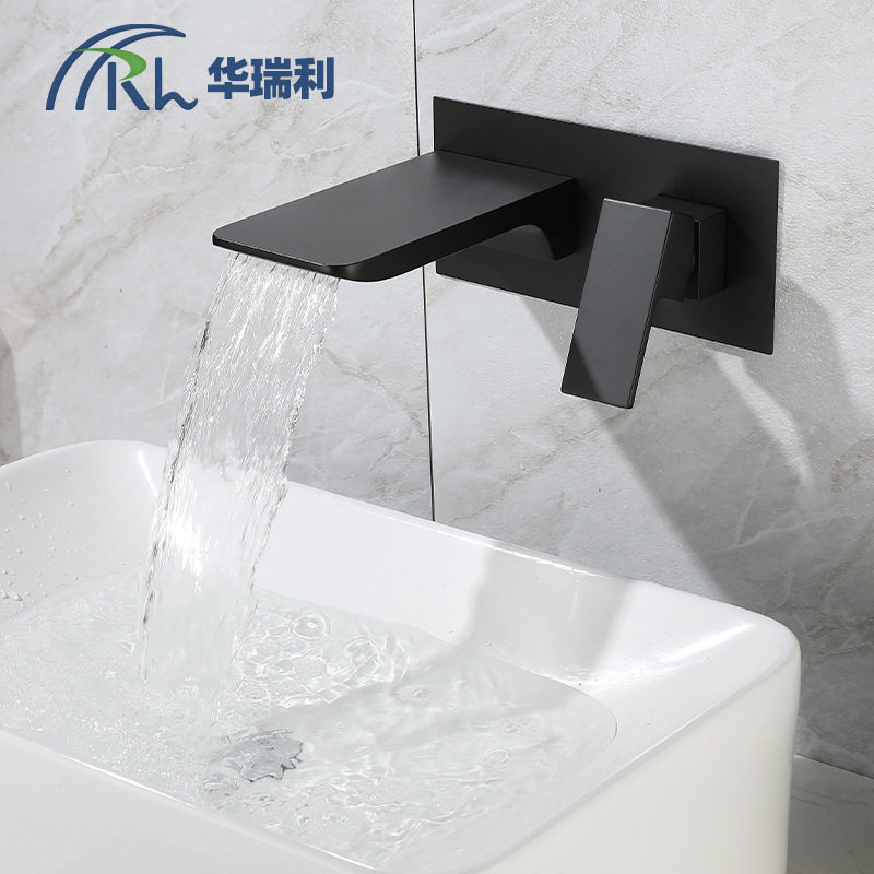 全铜瀑布暗装入墙式面盆龙头黑色冷热洗脸台上盆嵌入式浴缸水龙头