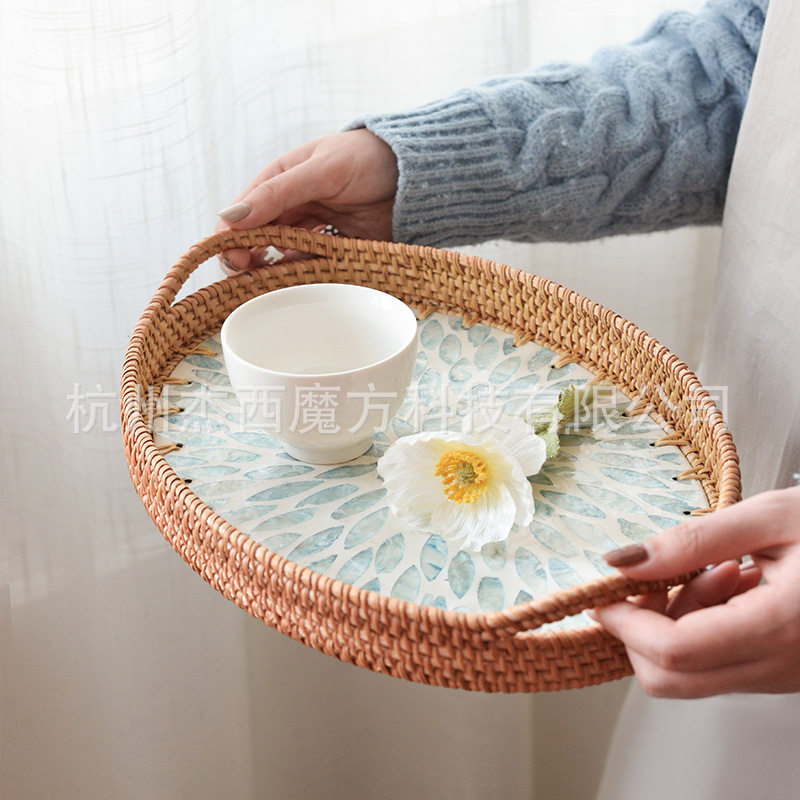 藤编彩色贝壳贴片椭圆形提手套装桌面置物收纳茶盘零食托盘收纳筐