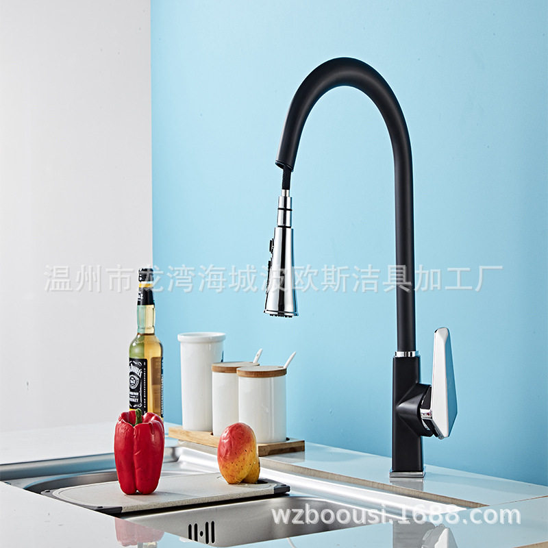 厨房黑色抽拉式水龙头家用菜盆方型转动冷热可旋转防溅抽拉水龙头