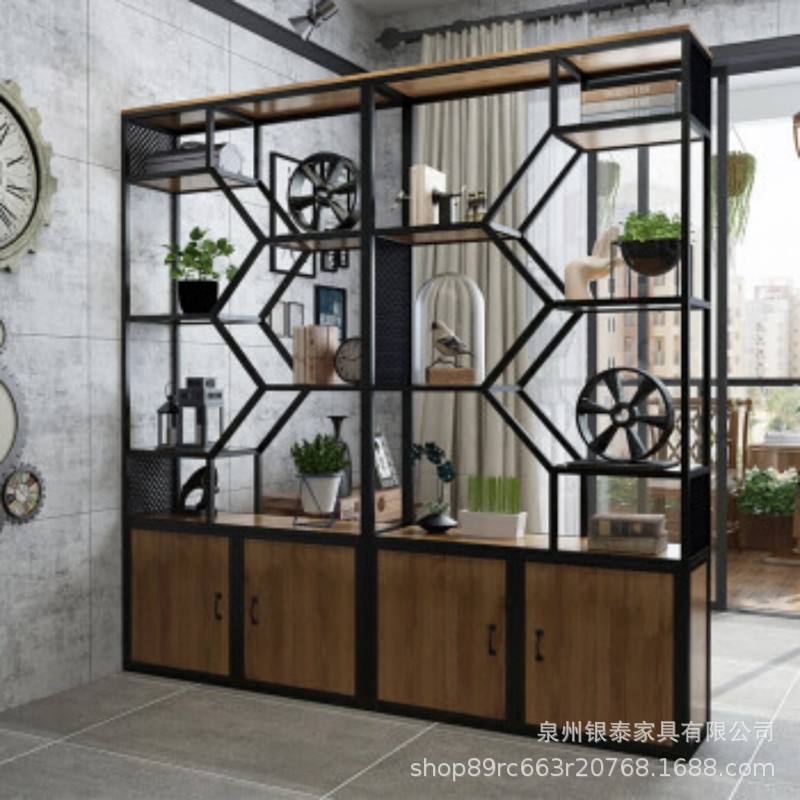 美式铁艺实木置物架复古博古架工业风办公室客厅隔断储物架波浪款