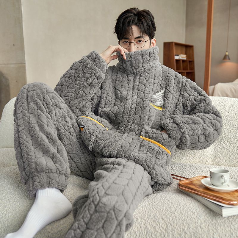 睡衣男秋冬款珊瑚绒加绒加厚冬天保暖棉袄青少年可外穿家居服套装