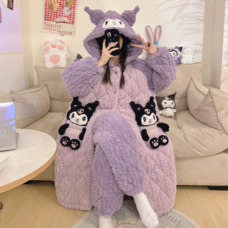 珊瑚绒三层夹棉袄睡衣女款秋冬季加绒加厚可爱连帽外穿家居服睡袍
