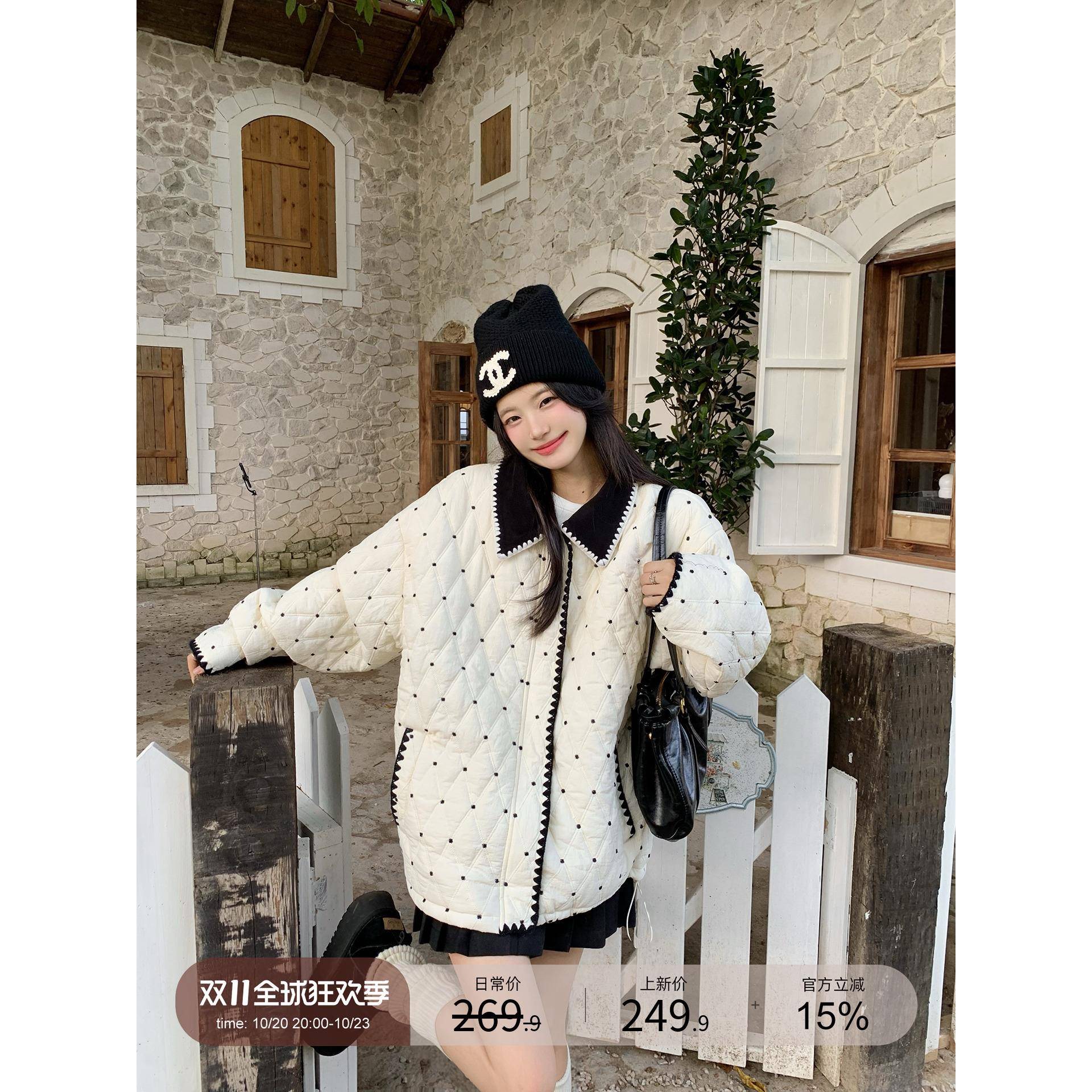 小仙倪子波点棉衣外套女初冬巨好看宽松翻领百搭休闲大衣棉服上衣