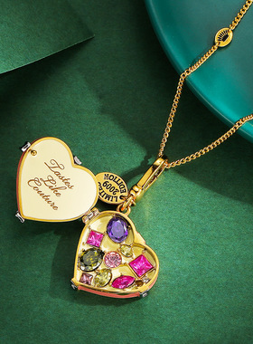 外贸时尚珐琅彩釉粉色可打开蝴蝶结爱心盒吊坠甜美心形宝石盒项链
