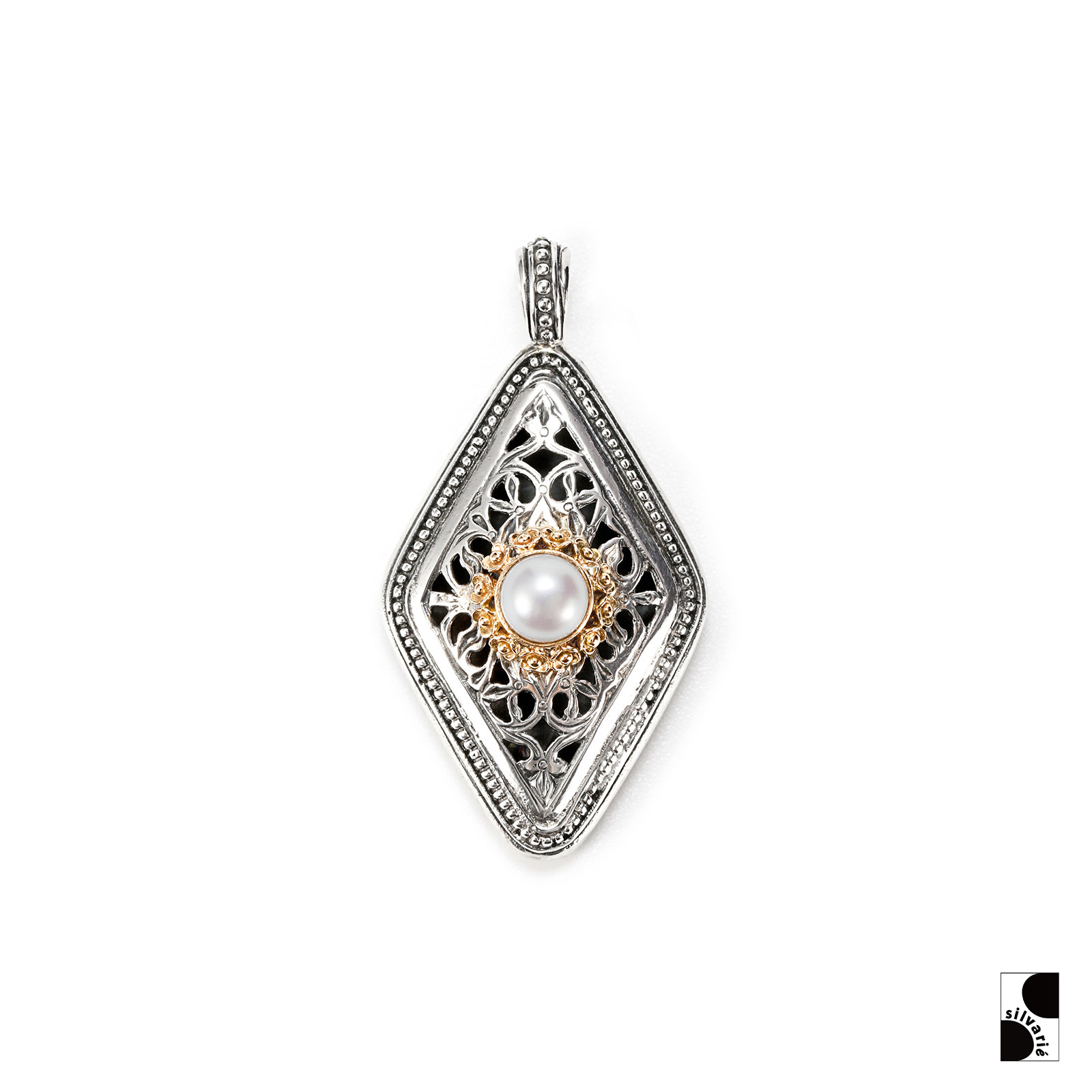 =silvarie=gerochristo 立体四边形金绳珍珠银饰吊坠 拜占庭风