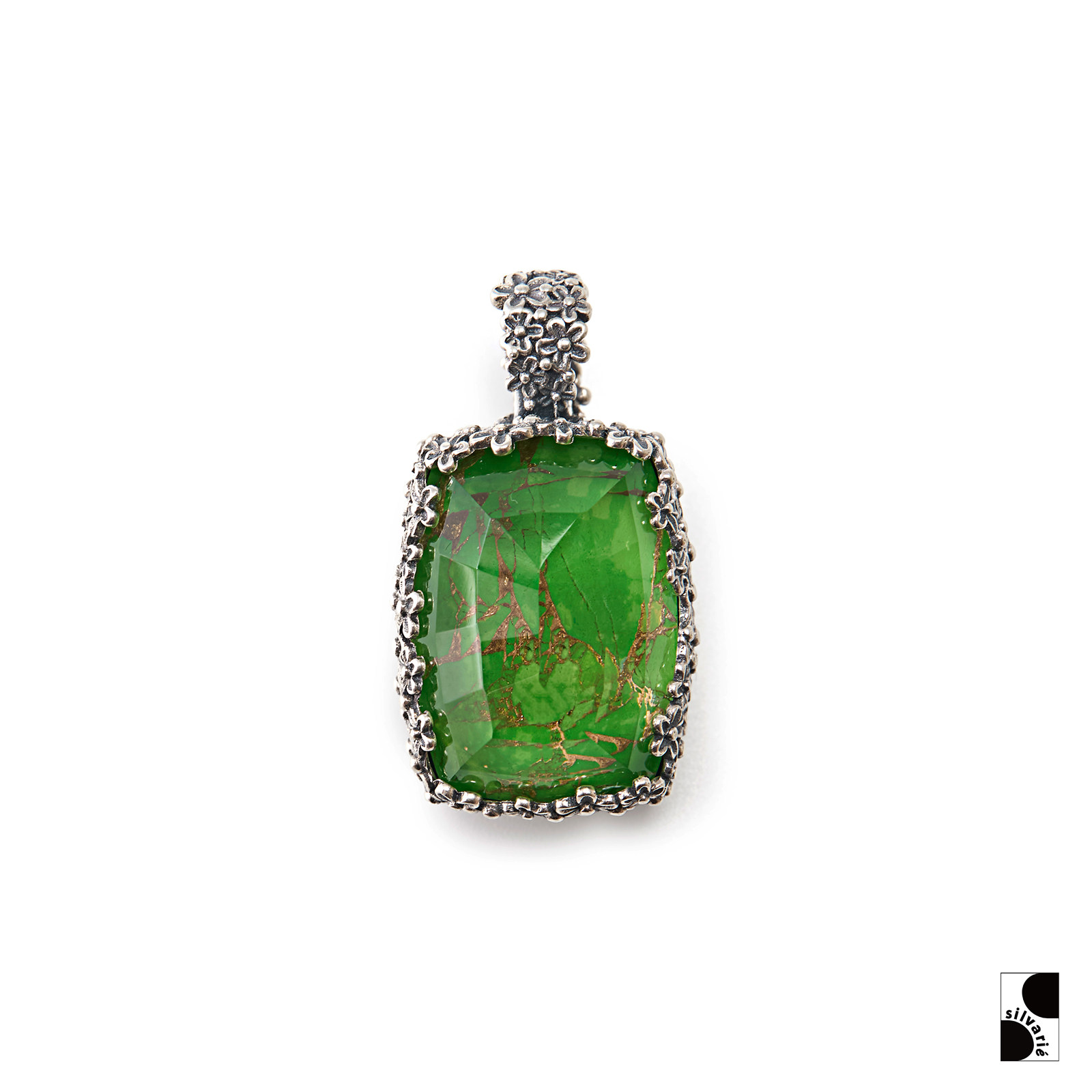 =silvarie=GEROCHRISTO 希腊 复古浮雕花朵 长方形宝石纯银吊坠